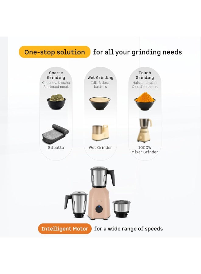 Atomberg Xiana 750 Watt Mixer Grinder | 3 Multipurpose Stainless Steel Jars | Coarse Mode for Silbatta-like Textures | Powerful Intelligent Motor | Easy Fault LED Indication | Peach Blossom - Image 2
